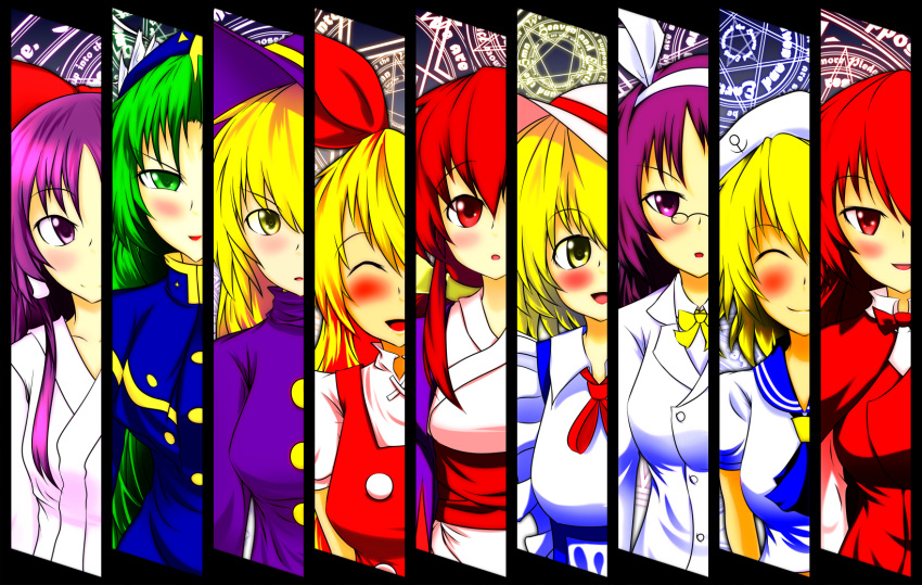 blonde_hair, blush, closed_eyes, column_lineup, ellen, eyes_closed, glasses, green_hair, hakurei_reimu, hakurei_reimu_(pc-98), hat, highres, kana_anaberal, kirisame_marisa, kirisame_marisa_(pc-98), kitashirakawa_chiyuri, kotohime, long_hair, mima, multiple_girls, okazaki_yumemi, phantasmagoria_of_dim.dream, red_hair, redhead, ribbon, short_hair, smile, touhou, touhou_(pc-98)