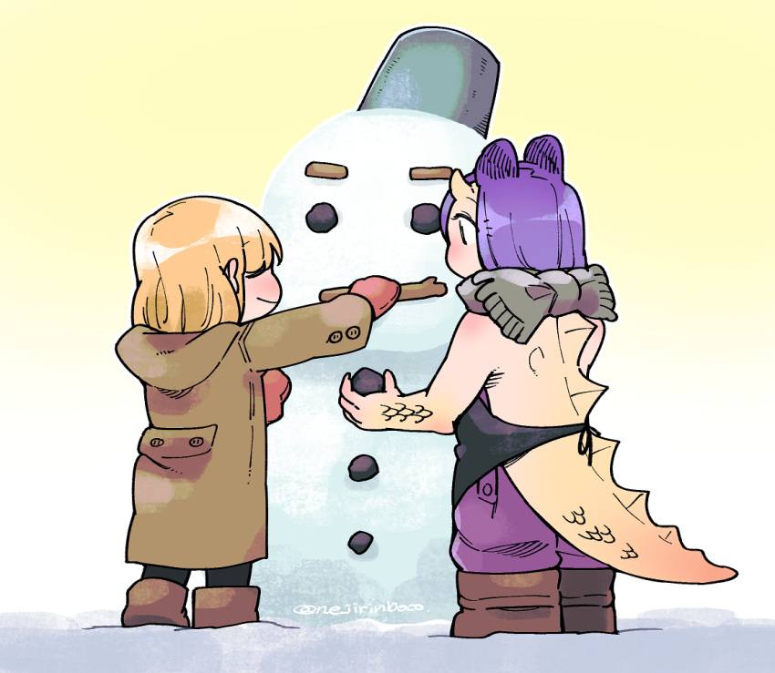 2girls, animal_ears, blonde_hair, bocchi_kaibutsu_to_moumoku_shoujo, boots, brown_coat, coat, commentary_request