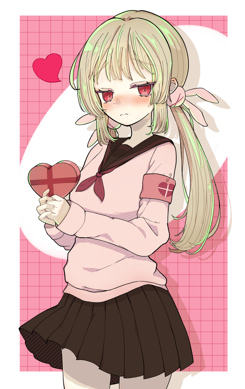 1girl, absurdres, black_sailor_collar, black_skirt, blonde_hair, blush, border, box