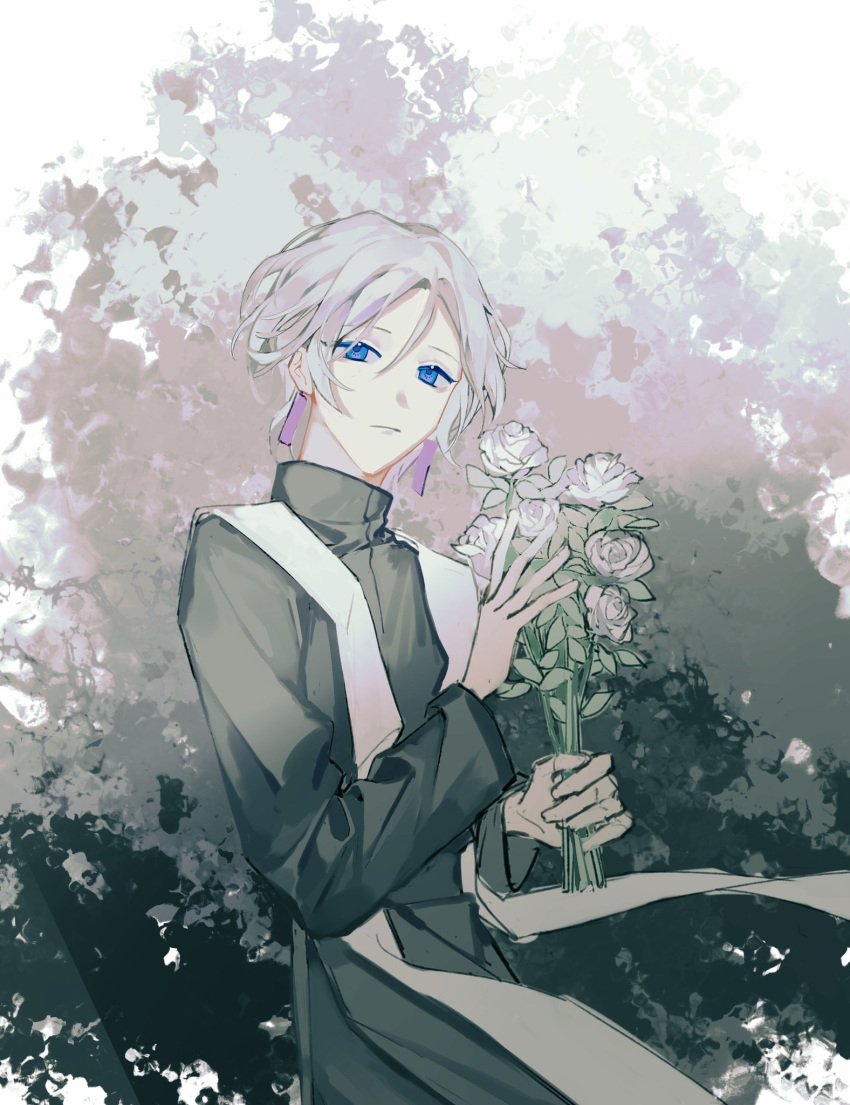 1boy, black_background, black_robe, blue_eyes, border, bouquet, character_request, chinese_commentary