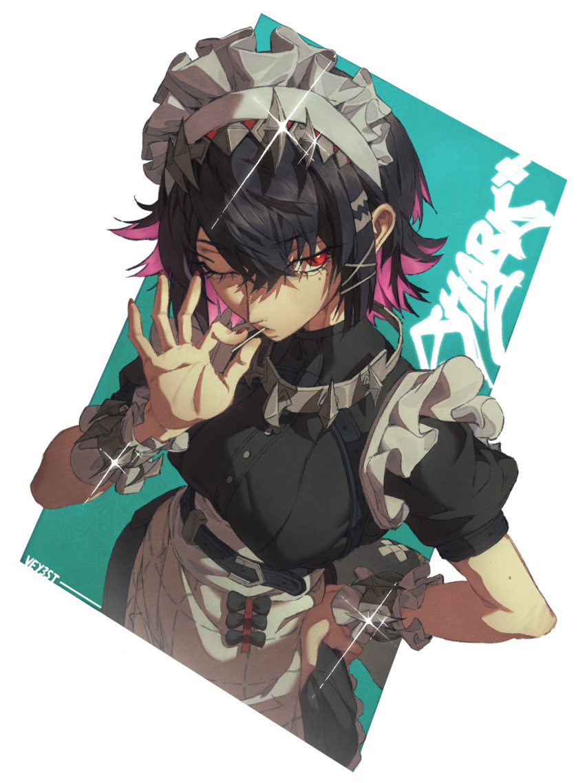 1girl, apron, artist_name, belt, black_belt, black_bow, black_dress, black_hair