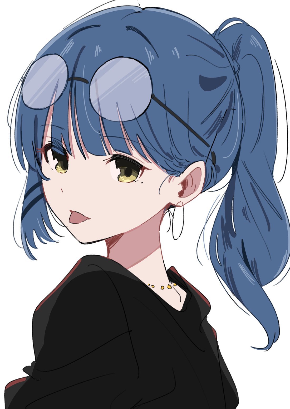 1girl, 818_seki, alternate_hairstyle, blue_hair, bocchi_the_rock!, commentary, earrings, eyewear_on_head