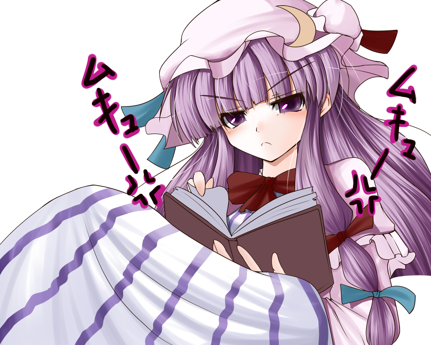 :<, angry, blush, book, crescent, crescent_moon, doburoku, doburoku_(daiginjou), hat, long_hair, of_liquor, patchouli_knowledge, purple_eyes, purple_hair, solo, touhou, violet_eyes