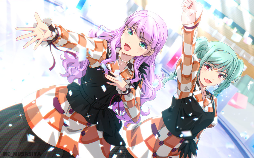 2girls, :d, arm_up, belt, black_belt, black_shirt, blunt_bangs, checkered_clothes