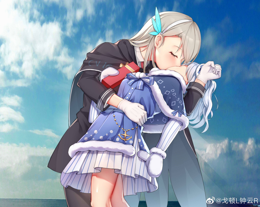 2girls, absurdres, blue_hair, closed_eyes, clouds, day, dress, gedun_zhongyun, gift, gloves, hair_ornament, hairband, highres, hug, kiss, lexington_(cv-16)_(warship_girls_r), long_hair, multiple_girls, official_alternate_costume, outdoors, pantyhose, sigsbee_(warship_girls_r), sky, warship_girls_r, weibo_logo, weibo_watermark, white_gloves, white_hair, yuri
