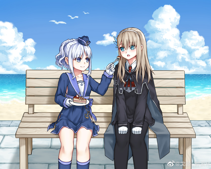 2girls, absurdres, bench, bird, blonde_hair, blue_eyes, clouds, day, dress, feeding, food, gedun_zhongyun, gloves, hairband, hat, highres, lexington_(cv-16)_(warship_girls_r), long_hair, looking_at_another, mini_hat, multiple_girls, ocean, outdoors, plate, sigsbee_(warship_girls_r), sitting, sky, smile, warship_girls_r, weibo_logo, weibo_watermark, white_gloves, white_hair