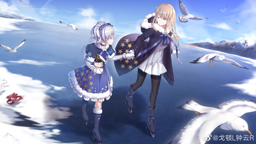 2girls, alternate_costume, bird, blonde_hair, blue_dress, blue_eyes, boots, coat