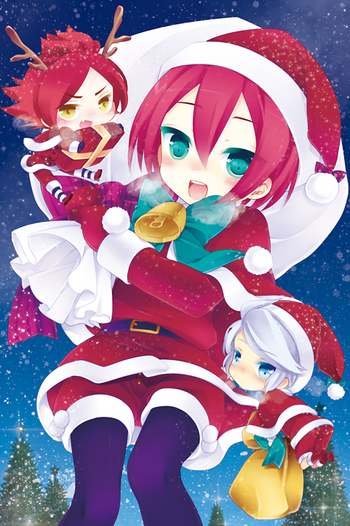 bad_id, blue_eyes, christmas, christmas_tree, footwear, green_eyes, hat, inazuma_eleven, inazuma_eleven_(series), kiyama_hiroto, multiple_boys, nagumo_haruya, pantyhose, purple_pantyhose, raspberrycrown, red_hair, redhead, santa_costume, santa_hat, socks, striped, striped_socks, suzuno_fuusuke, white_hair