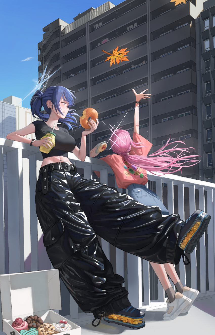 2girls, absurdres, against_railing, atsuko_(blue_archive), back, baggy_pants, black_footwear, black_pants, black_shirt, blue_archive, blue_eyes, blue_hair, blue_halo, blue_sky, box, breasts, cardboard_box, cropped_shirt, cup, denim, denim_skirt, doughnut, drink, drinking_straw, eating, english_commentary, falling_leaves, food, full_body, grey_socks, halo, handrail, high_heel_sneakers, highres, holding, holding_cup, holding_drink, hyeonjong8, large_breasts, leaf, long_hair, looking_at_food, maple_leaf, multiple_girls, open_box, outdoors, pants, pastry_box, pink_hair, ponytail, railing, reaching, saori_(blue_archive), shirt, shoes, sidelocks, skirt, sky, sneakers, socks, standing, watch, watch, white_footwear