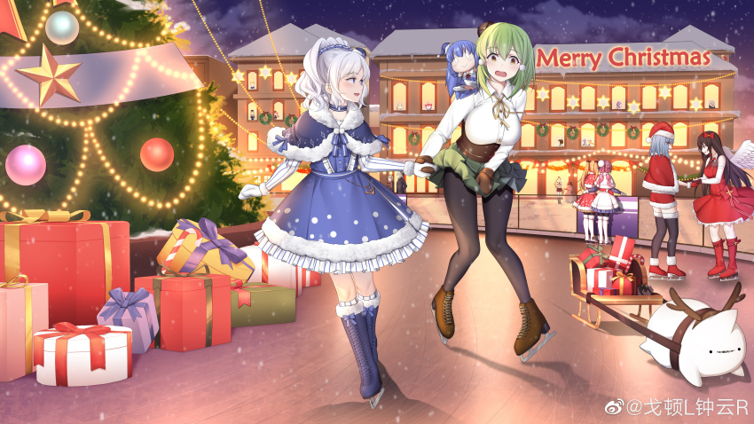 :d, absurdres, black_hair, blue_dress, blue_footwear, blue_hair, boots, box