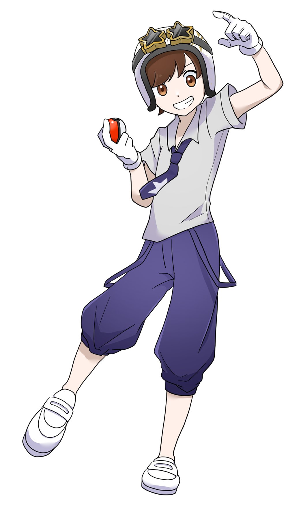 1boy, blue_necktie, blue_pants, brown_hair, cosplay, florian_(pokemon), full_body, gloves