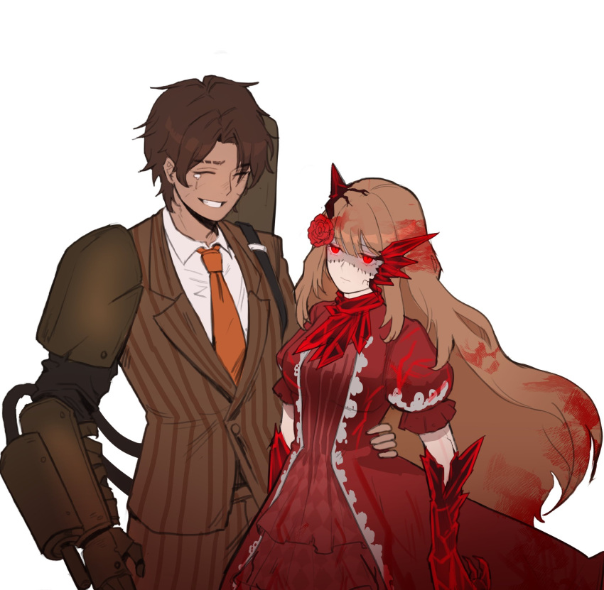 1boy, 1girl, arm_around_waist, arms_at_sides, brown_hair, brown_pants, catherine_(project_moon), chyeo_(chear_57)