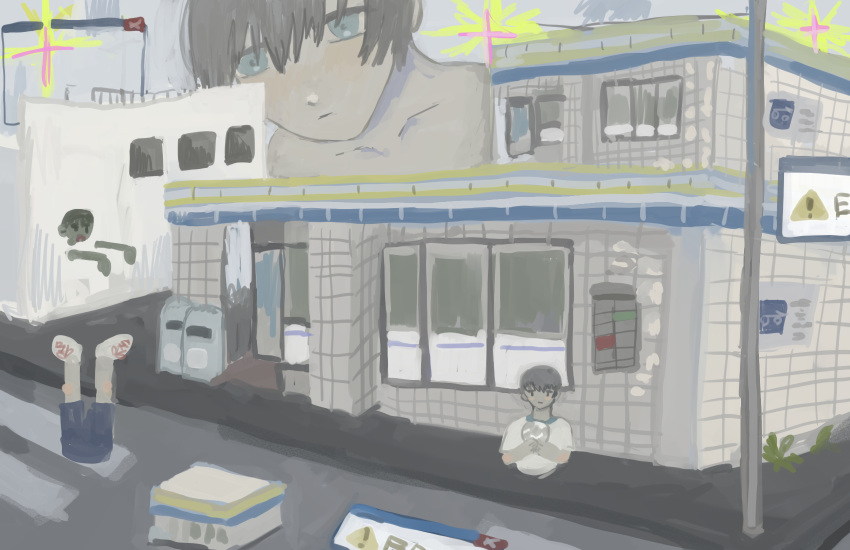 1boy, abstract, blue_eyes, blue_shorts, brown_hair, building, door, error_message