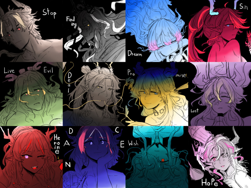 arknights, bandeau, black_hair, blonde_hair, blue_eyes, blue_hair, blue_horns, board_game