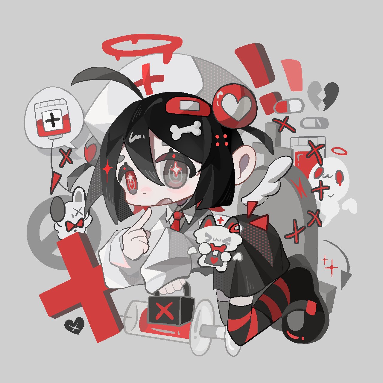 !, 1girl, ahoge, bandaid, bandaid_hair_ornament, black_skirt, bone_hair_ornament, broken_heart