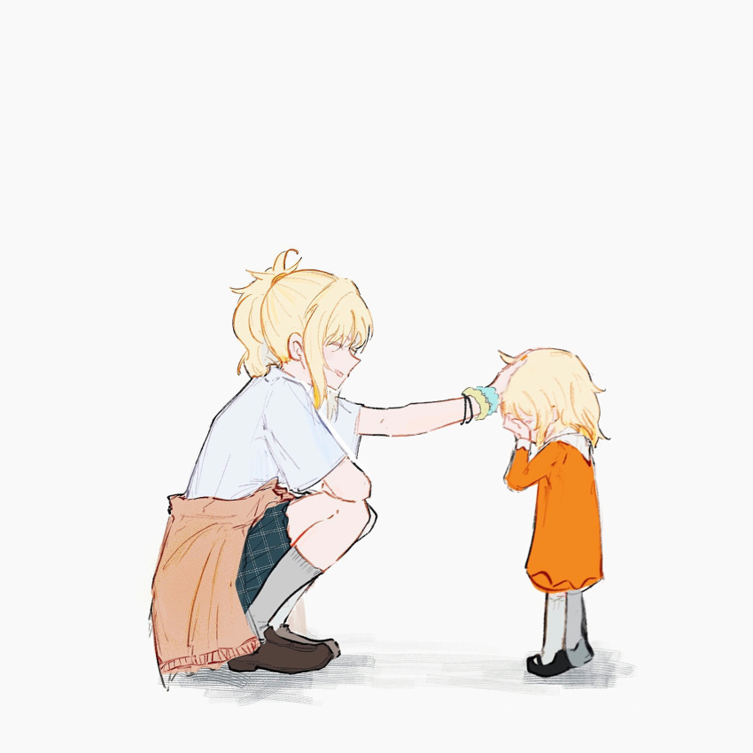 2girls, aged_down, b1geinu, black_footwear, blonde_hair, blue_shirt, blue_skirt, blush