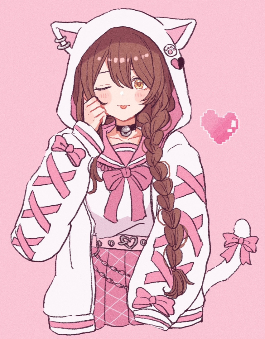 1girl, anam95, animal_ear_hood, animal_ear_piercing, animal_ears, badge, bell, belly_chain