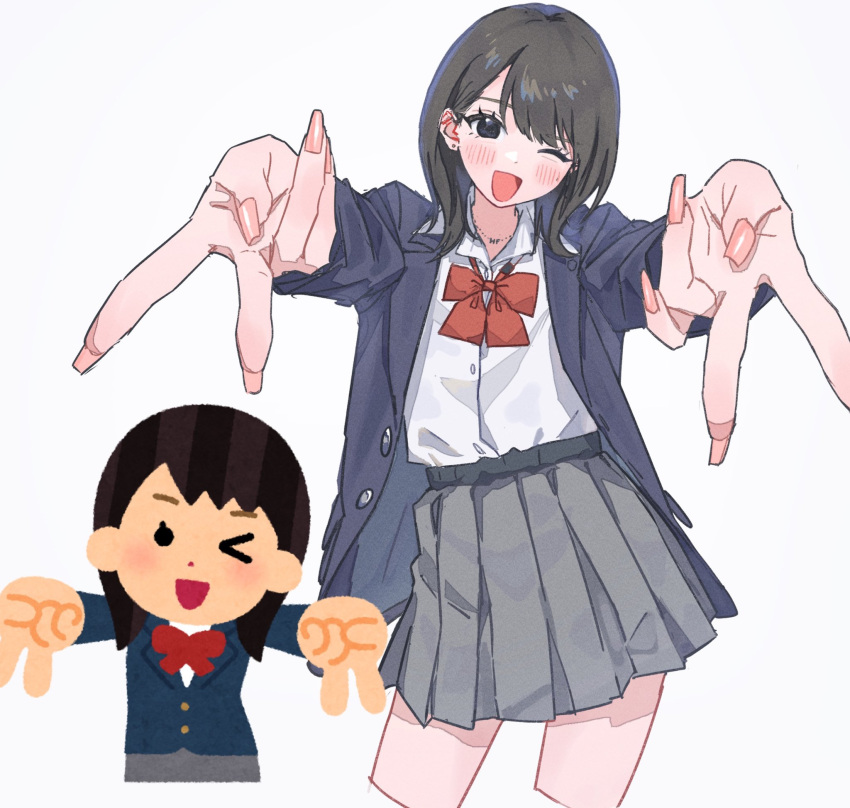 2girls, ;d, black_hair, blazer, blue_jacket, blush, bow, bowtie