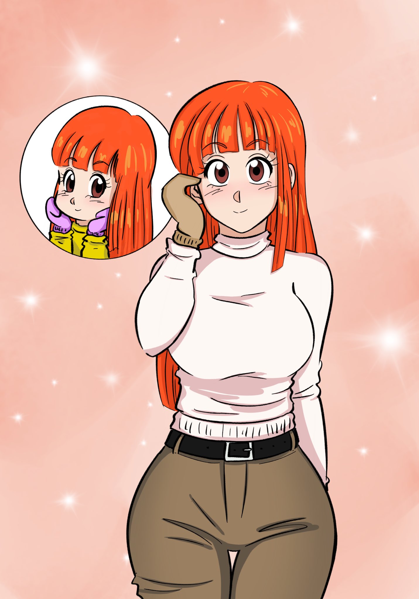 1girl, age_comparison, aged_up, arm_behind_back, belt, black_belt, breasts, brown_eyes