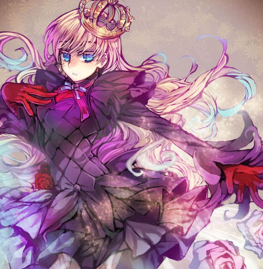 blue_eyes, bow, character_request, crown, dress, flower, gloves, gradient_hair, long_hair, multicolored_hair, pink_rose, red_rose, rose, rose_witch, shiei_no_sona-nyl, solo, tenkuu_sphere