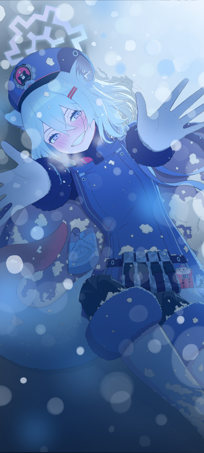 1girl, absurdres, animal_ear_fluff, animal_ears, arms_up, beckoning, belt_pouch, blue_archive