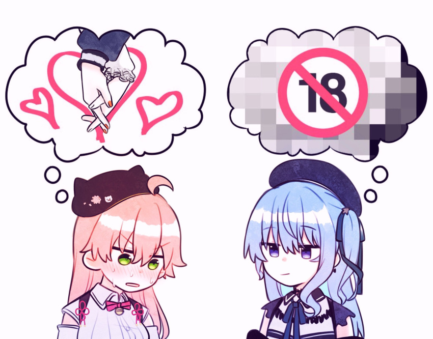 2girls, ahoge, another_ship_dynamic_i_enjoy_(meme), beret, black_dress, blue_eyes, blue_hair, blush