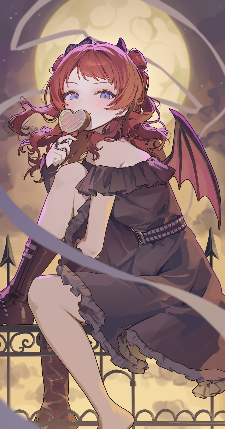 1girl, black_dress, blush, boots, candy, demon_horns, demon_wings, detached_sleeves