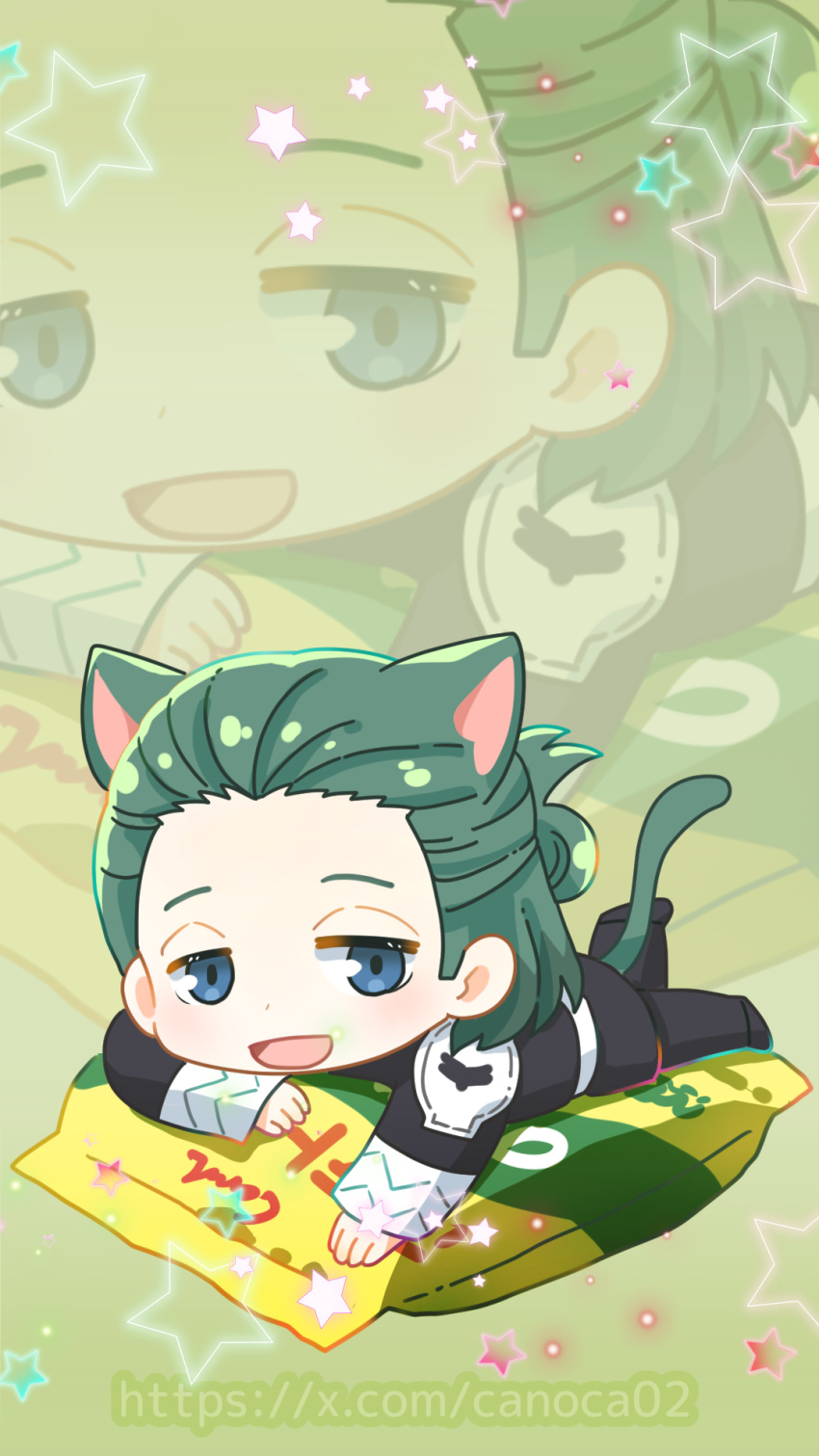 1boy, animal_ears, blue_eyes, canoca02, cat_ears, cat_tail, chibi, chips_(food)