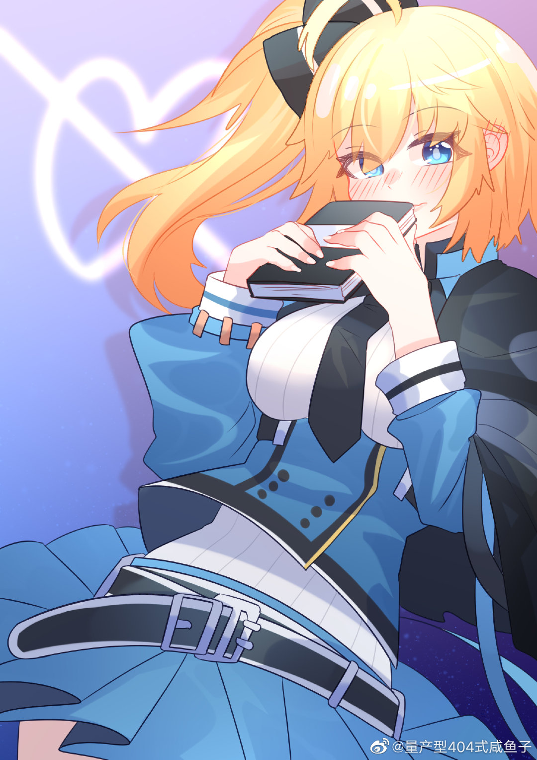 1girl, ahoge, belt, black_bow, black_necktie, blonde_hair, blue_eyes, blue_skirt