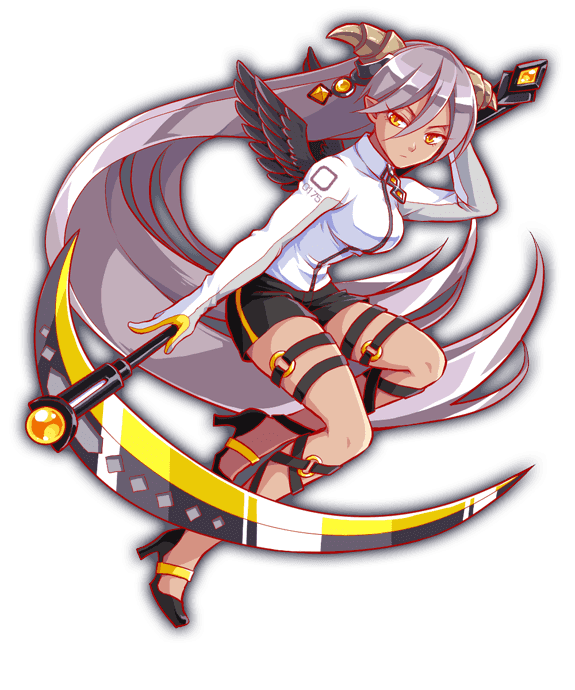 angel_wings, anime_coloring, arm_behind_head, artist_request, baphomet_(crash_fever), black_footwear, black_straps, black_wings