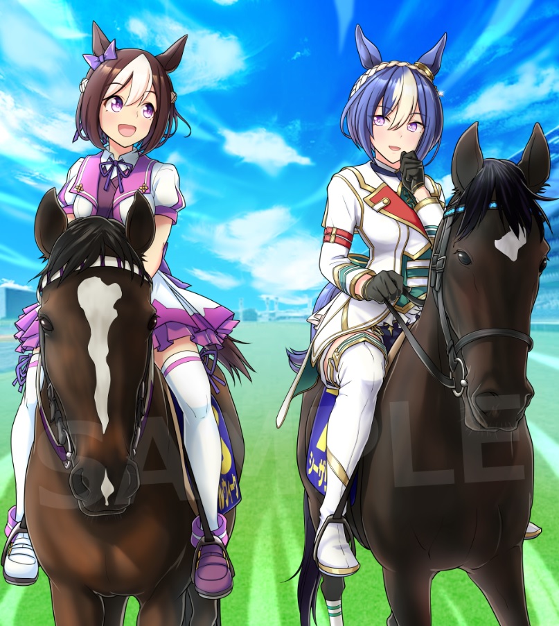 2girls, arm_belt, asymmetrical_footwear, back_bow, black_gloves, blue_hair, boots, bow