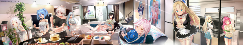 6+girls, absurdres, air_conditioner, alternate_costume, apron, bismarck_(warship_girls_r), black_hair, blonde_hair, blue_eyes, blue_hair, book, breasts, cake, computer, couch, cup, curtains, dog, food, fruit, fubuki_(warship_girls_r), glass, highres, holding, holding_book, huanmengzhoubian_dazazu, husky, incredibly_absurdres, indoors, kitchen, lexington_(warship_girls_r), long_hair, maid, maid_apron, maid_headdress, multiple_girls, onion, pillow, pink_hair, plate, poster_(object), prinz, prinz_eugen_(warship_girls_r), san_juan_(warship_girls_r), saratoga_(warship_girls_r), shirayuki_(warship_girls_r), spring_onion, table, teapot, tirpitz_(warship_girls_r), vittorio_veneto_(warship_girls_r), warship_girls_r, white_hair, wide_image, window