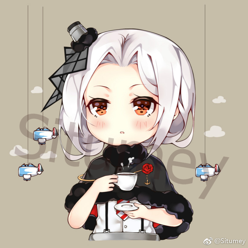 1girl, aircraft, black_capelet, blush, brown_background, brown_eyes, capelet, chibi