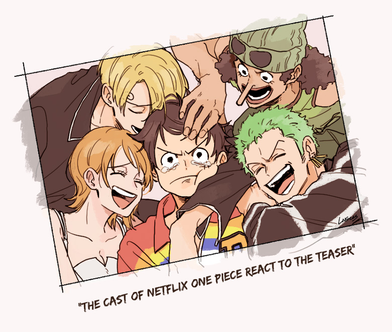 1girl, 4boys, ^_^, bad_id, bad_twitter_id, black_hair, blonde_hair, closed_eyes