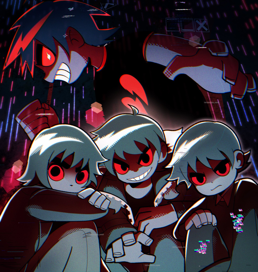 4boys, ahoge, broken_heart, colored_skin, commentary, dark_persona, glitch, grey_hair