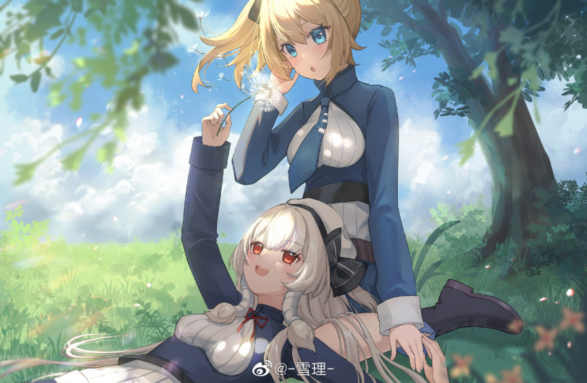 2girls, :d, black_footwear, blonde_hair, blue_eyes, blue_jacket, blue_necktie, blush