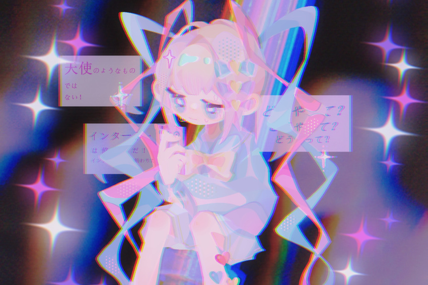1girl, 3:, blonde_hair, blue_bow, blue_eyes, blue_hair, blue_sailor_collar, blue_shirt, bow, bowtie, cellphone, chouzetsusaikawa_tenshi-chan, closed_mouth, hair_bow, heart, holding, holding_phone, light_blue_hair, long_hair, long_sleeves, matoka7, multicolored_hair, multiple_hair_bows, needy_girl_overdose, phone, pink_bow, pink_hair, purple_bow, quad_tails, sailor_collar, school_uniform, serafuku, shirt, sitting, smartphone, solo, sparkle, speech_bubble, sweat, translation_request, very_long_hair, yellow_bow, yellow_bowtie