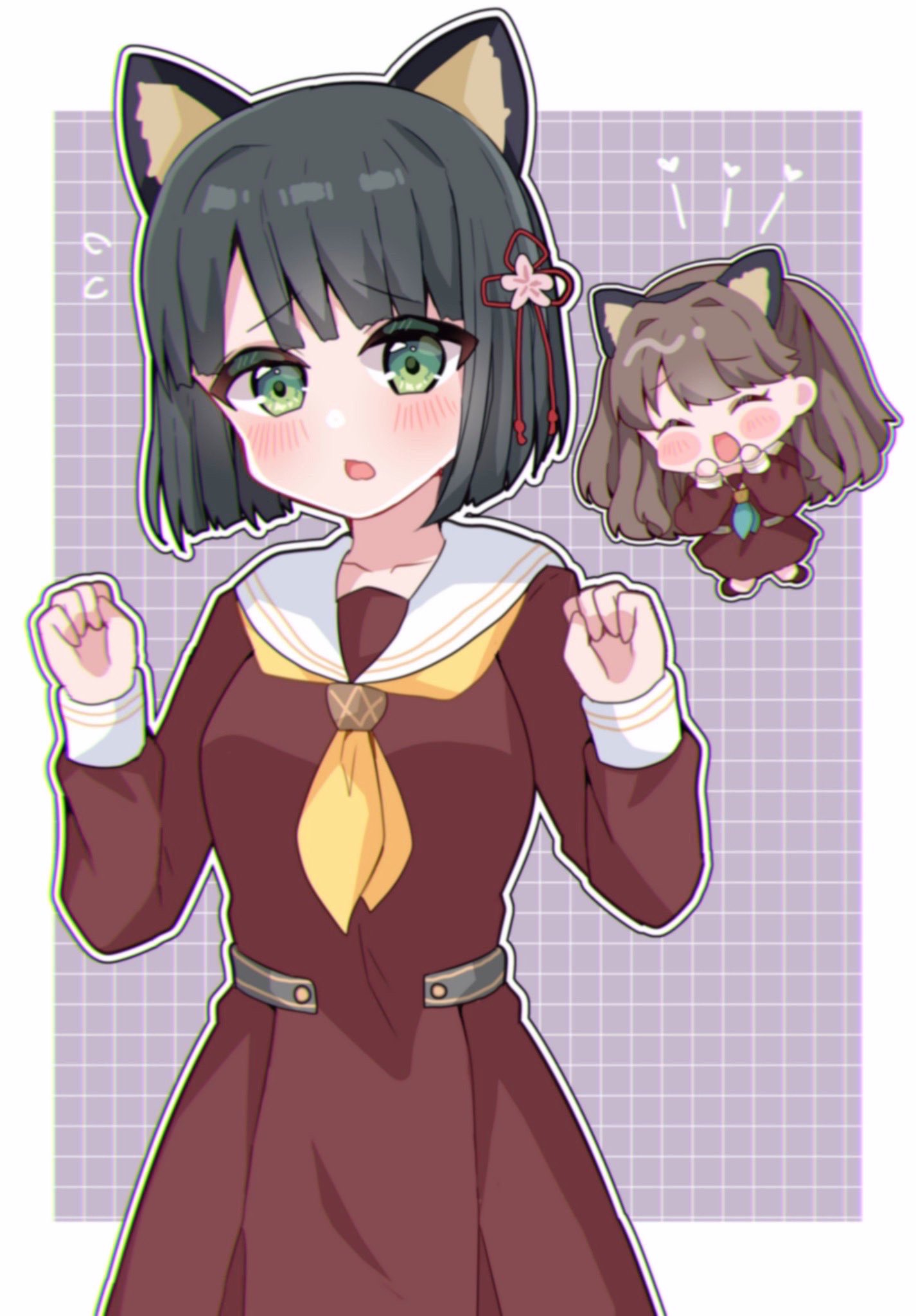2girls, :d, ^_^, ametan_(meteo_impact), animal_ear_hairband, animal_ears, aqua_neckerchief, black_hair