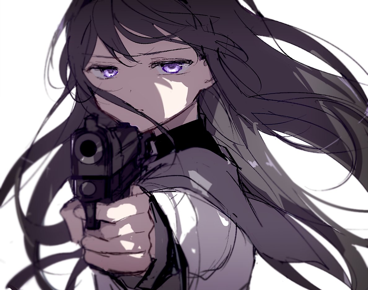 1girl, aiming, aiming_at_viewer, akemi_homura, akemi_homura_(magical_girl), blurry_edges, closed_mouth, finger_on_trigger