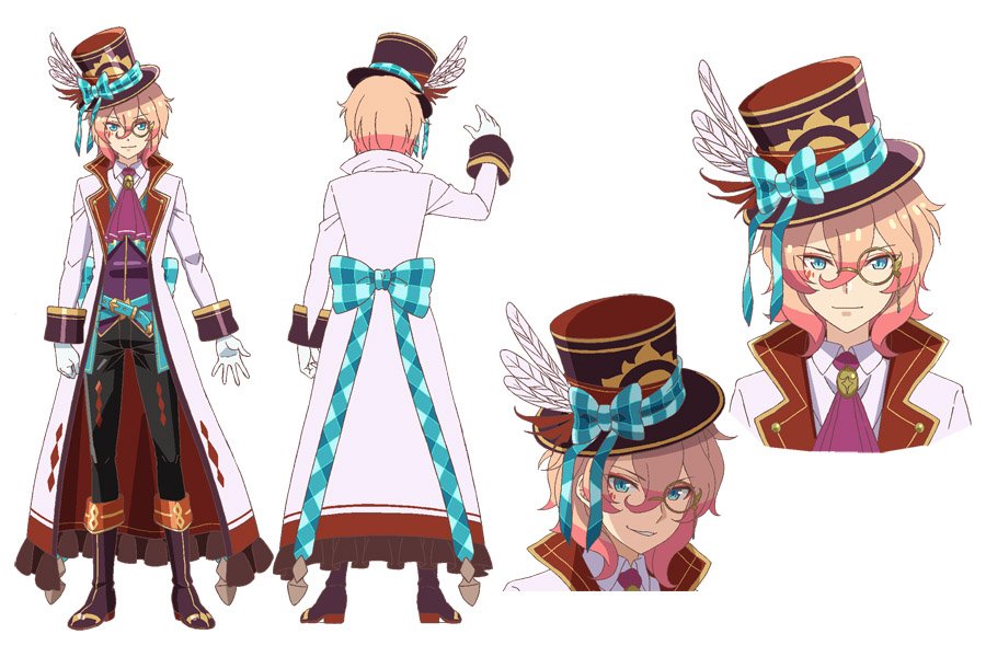 1boy, black_pants, blue_eyes, full_body, gloves, grimms_notes, grimms_notes_the_animation, grin, hat, hat_ribbon, kawashima_hisashi, long_coat, mad_hatter_(kagami_no_kuni)_(grimms_notes), male_focus, monocle, multiple_views, official_art, orange_hair, pants, ribbon, shaded_face, simple_background, smile, solo, teeth, white_background, white_gloves