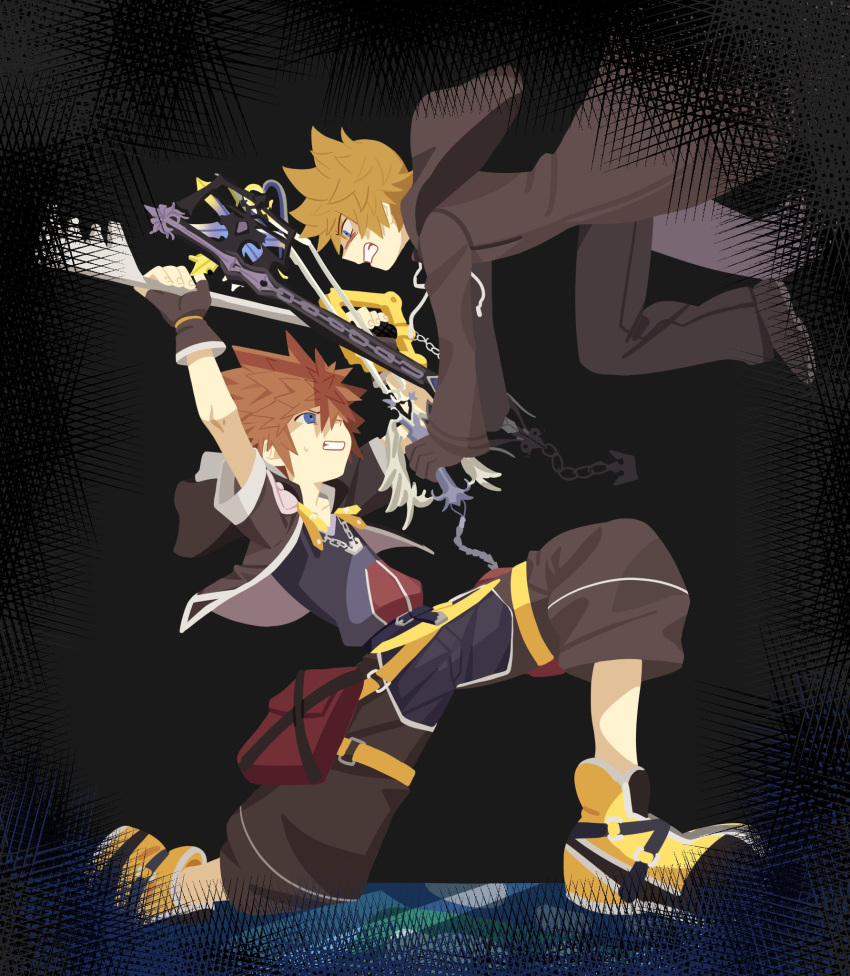 2boys, battle, black_footwear, black_gloves, black_pants, black_robe, blonde_hair, blue_eyes