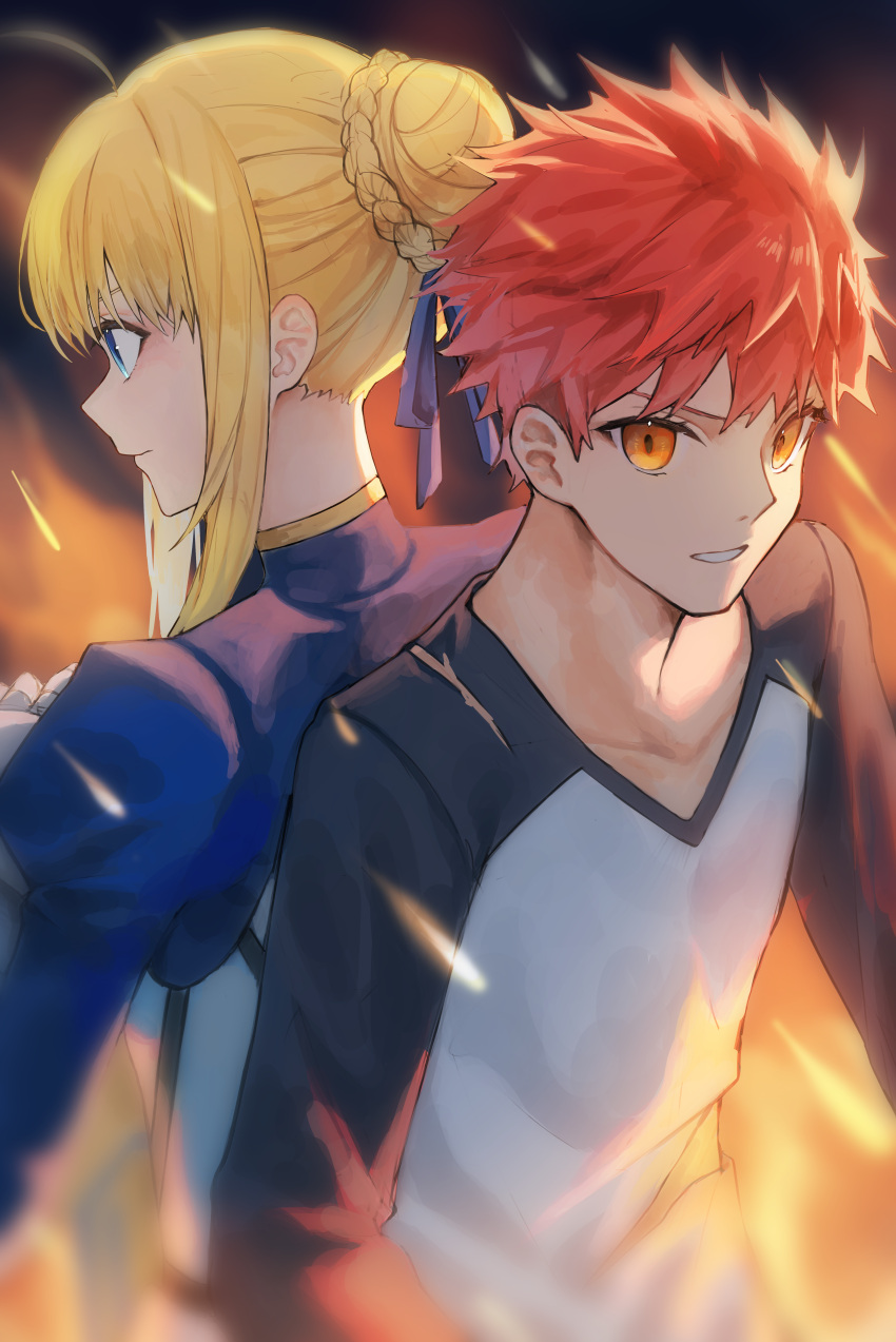 1boy, 1girl, absurdres, ahoge, armor, armored_dress, artoria_pendragon_(fate), back-to-back