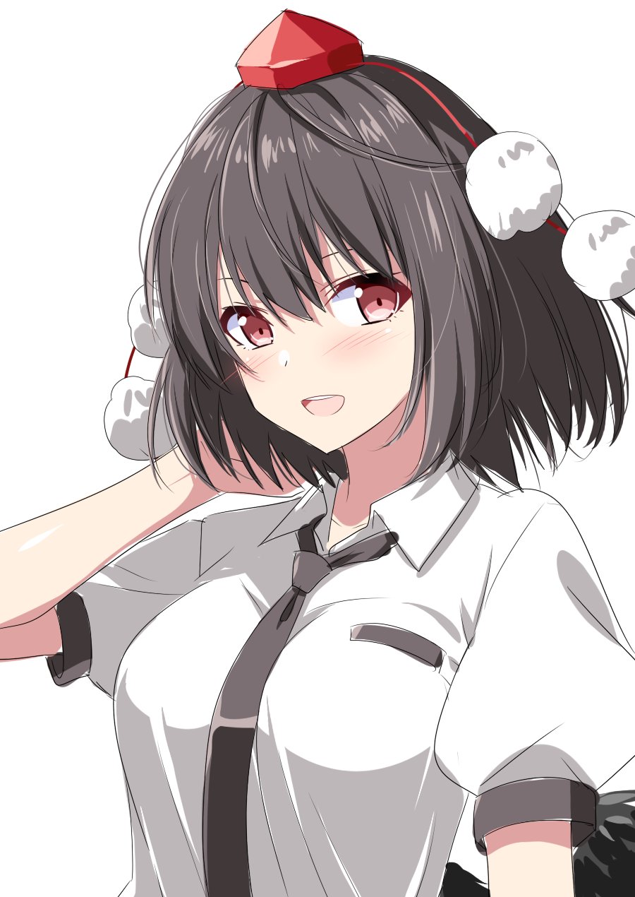 1girl, :d, arm_behind_head, black_hair, black_necktie, breasts, collared_shirt, commentary