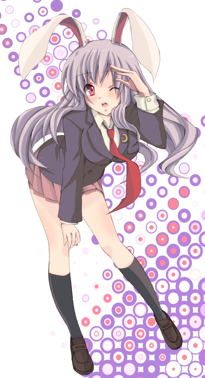 absurdres, amyu_amyu, animal_ears, bent_over, blazer, breasts, bunny_ears, colored, highres, large_breasts, long_hair, necktie, pleated_skirt, purple_hair, red_eyes, reisen_udongein_inaba, skirt, solo, touhou, tsukumiya_amane