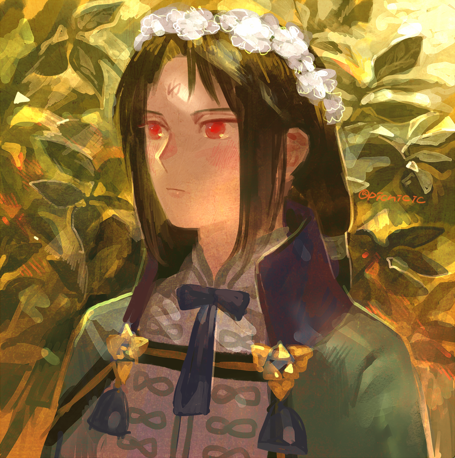 1boy, black_hair, commentary_request, facial_mark, fire_emblem, fire_emblem:_path_of_radiance, fire_emblem_heroes, flower, foliage, forehead_mark, head_wreath, male_focus, official_alternate_costume, picnicic, portrait, red_eyes, solo, soren_(fire_emblem), soren_(valentine)_(fire_emblem), twitter_username, white_flower