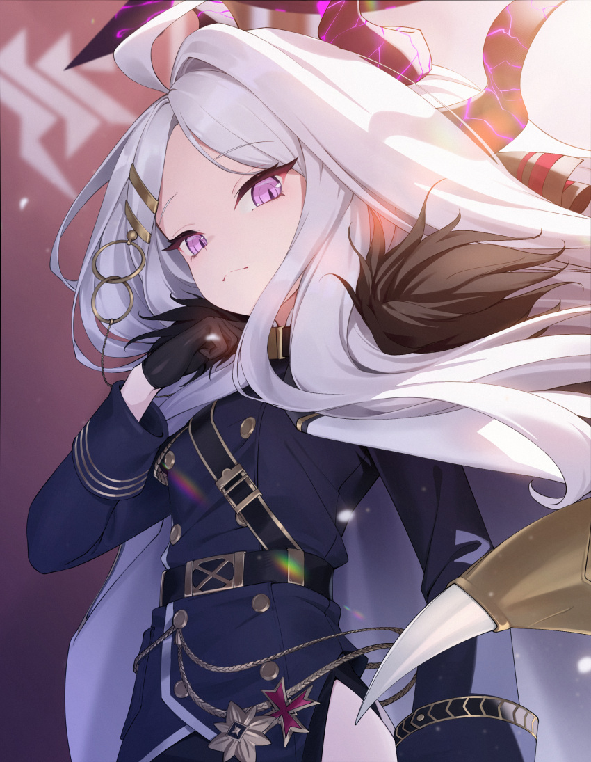 1girl, absurdres, ahoge, belt, black_gloves, black_horns, blue_archive, blush