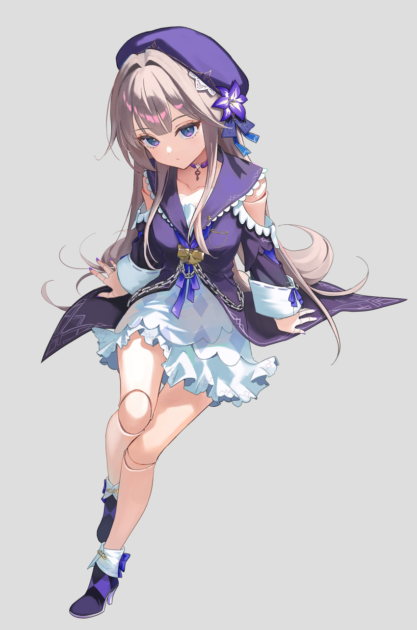 1girl, absurdres, arm_support, beret, choker, clothing_cutout, daon_(93111_ys), doll_joints, dress, flower, grey_hair, hat, herta_(honkai:_star_rail), high_heels, highres, honkai:_star_rail, honkai_(series), invisible_chair, joints, key, key_choker, looking_at_viewer, neckerchief, puppet, purple_choker, purple_dress, purple_flower, purple_footwear, purple_neckerchief, shoulder_cutout, sitting, skirt, solo, violet_eyes, white_skirt
