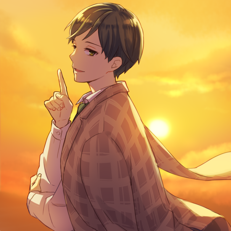 1boy, ame8desu, checkered_clothes, checkered_coat, coat, coat_on_shoulders, collared_shirt, commentary