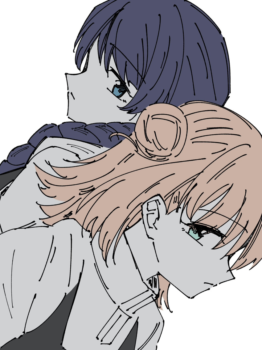 2girls, aqua_eyes, ayu_(ayu_illustrate), back-to-back, black_jacket, blue_eyes, blue_hair, braid
