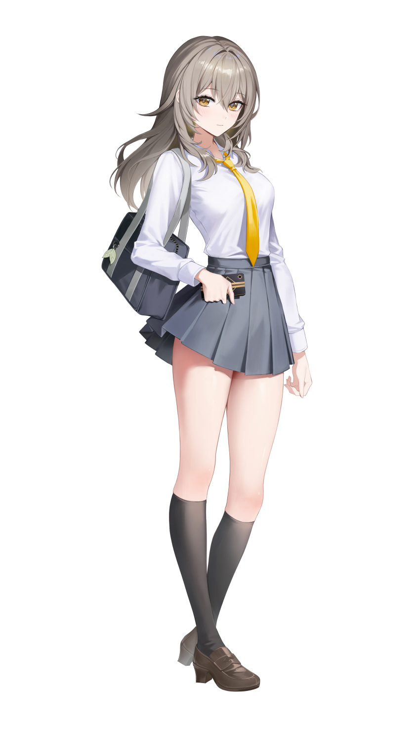 1girl, absurdres, alternate_costume, bag, black_socks, brown_footwear, cellphone, closed_mouth